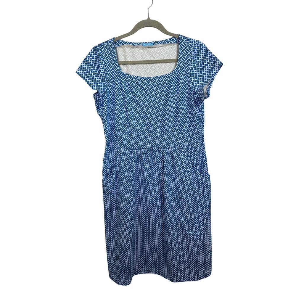 J. McLaughlin Catalina Cloth Cross Print Shift Dress Pockets Size Large Blue